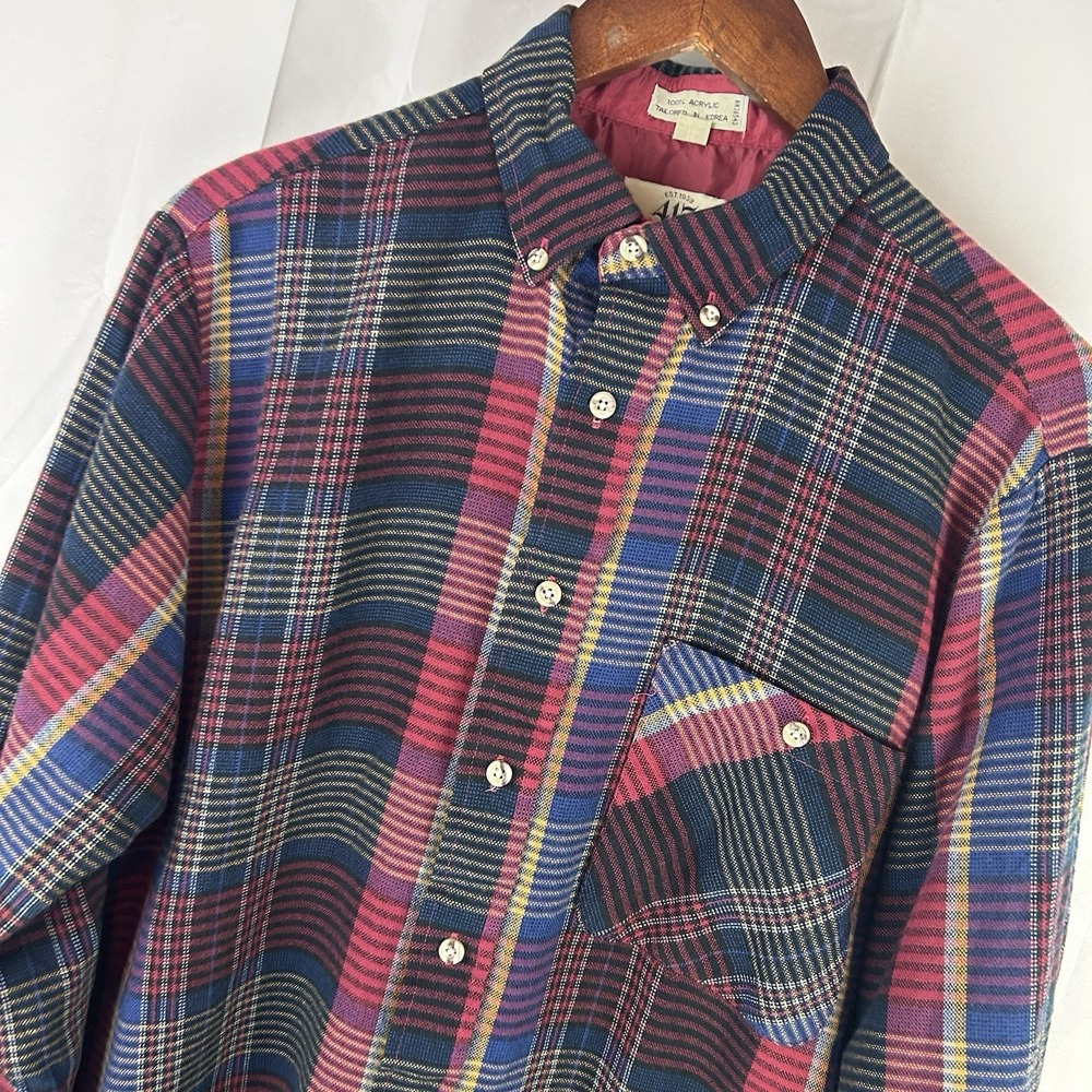 417 Van Heusen Shirt Men's Medium Vintage‎ Green Blue Red Long Sleeve Plaid
